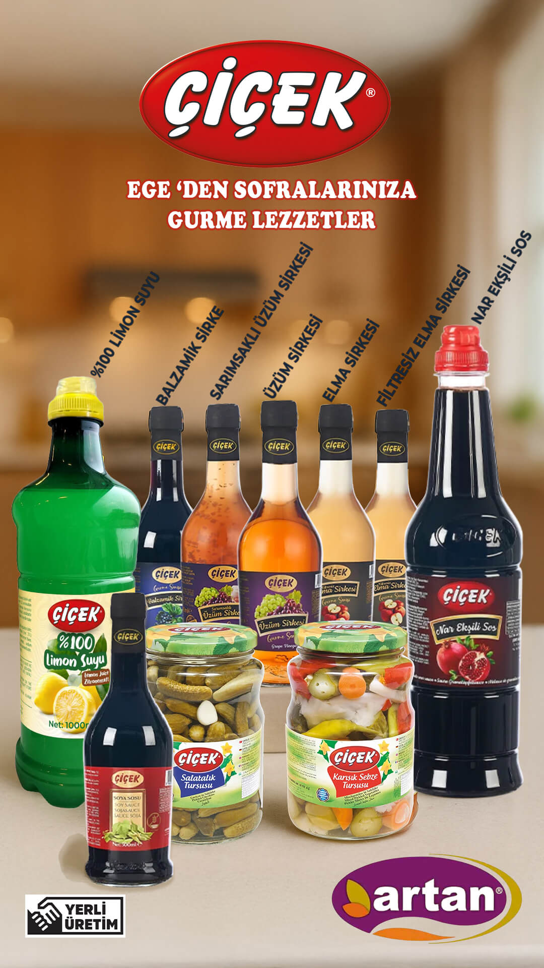 icerikyoneticis.com tarafından üretilen Çiçek Ürünleri 1080×1920 sosyal medya postu — Sirkeler, Soslar, Turşular ve limon suyu. Mutfakda ürün sunumu.