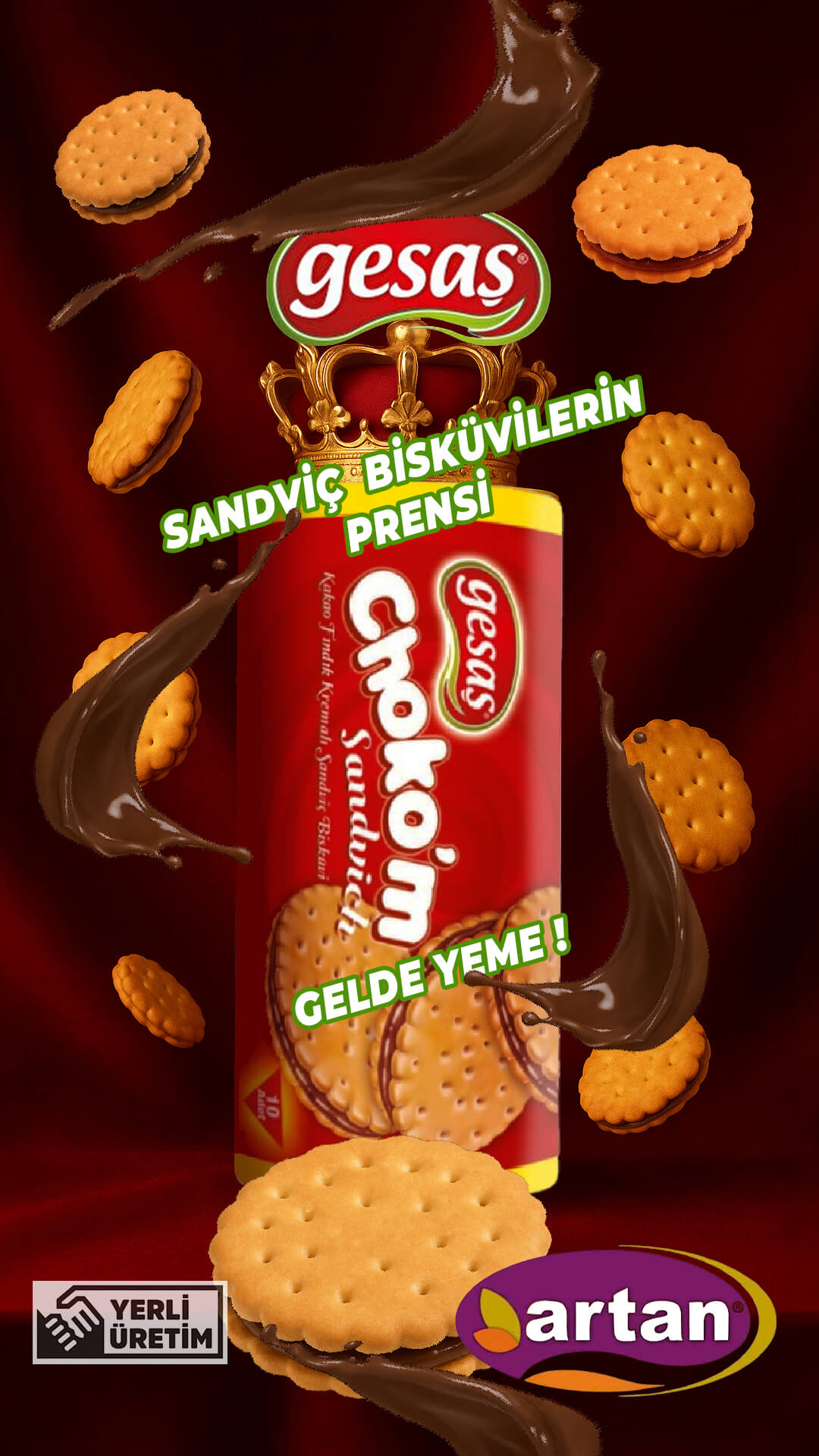 icerikyoneticis.com tarafından üretilen Gesaş Choko’m Sandwich 1080×1920 sosyal medya postu — çikolata akışı ve bisküvi parçaları kompozisyonu