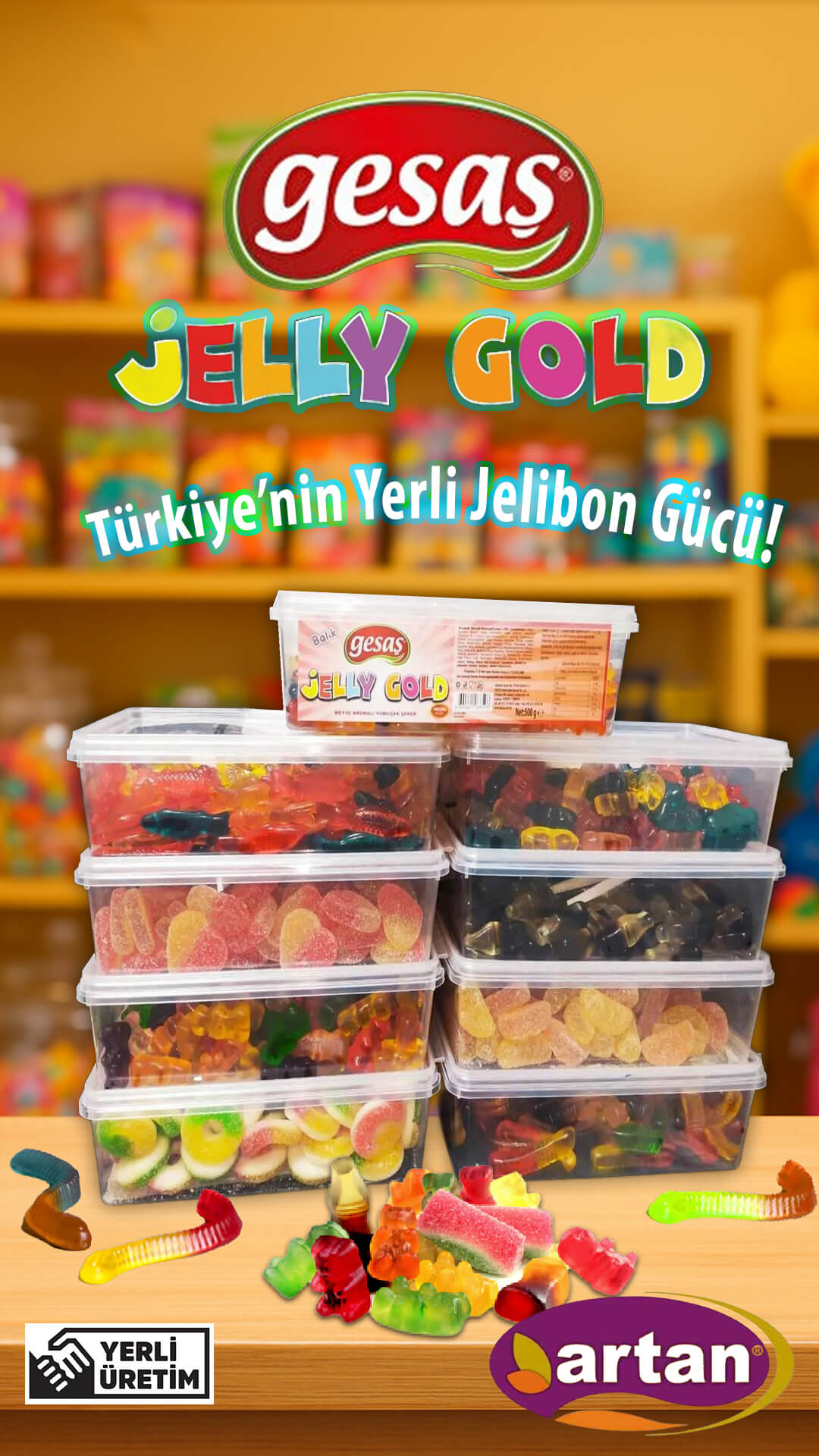 icerikyoneticis.com tarafından üretilen Gesaş Jelly Gold 1080×1920 sosyal medya postu — jelibon kutuları ve renkli jelibon kompozisyonu