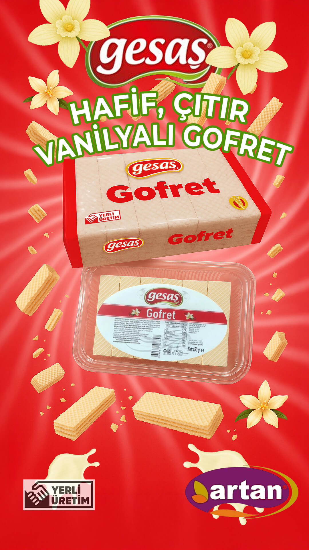 icerikyoneticis.com tarafından üretilen Gesaş Vanilyalı Gofret 1080×1920 sosyal medya postu — kırıntılar ve vanilya çiçekleriyle dinamik kompozisyon