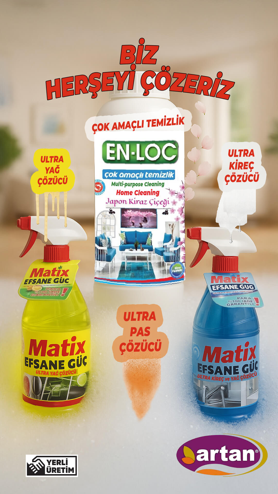 icerikyoneticis.com tarafından üretilen Matix & En-Loc 1080×1920 sosyal medya ürün postu — yağ, kireç ve pas çözücü vurgulu