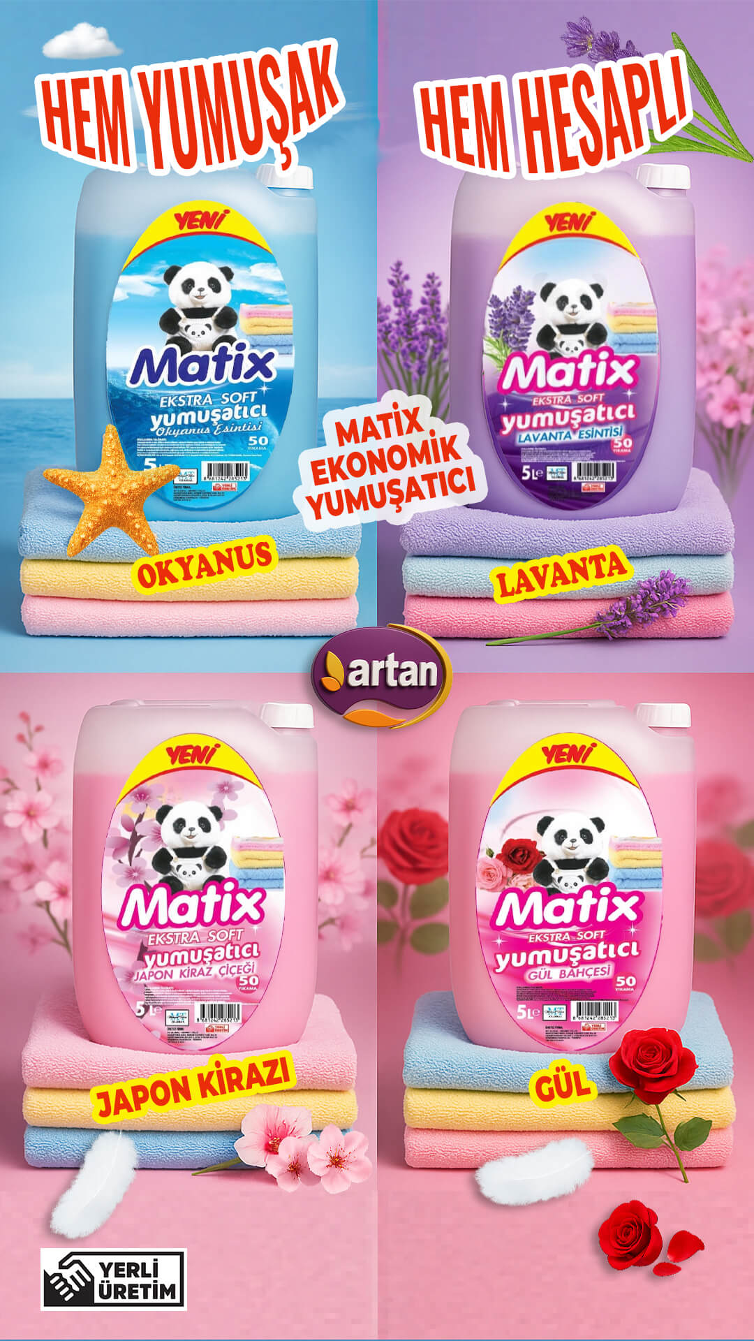 icerikyoneticis.com tarafından üretilen Matix 5 L Yumuşatıcı Serisi 1080×1920 sosyal medya postu — okyanus, lavanta, japon kirazı ve gül