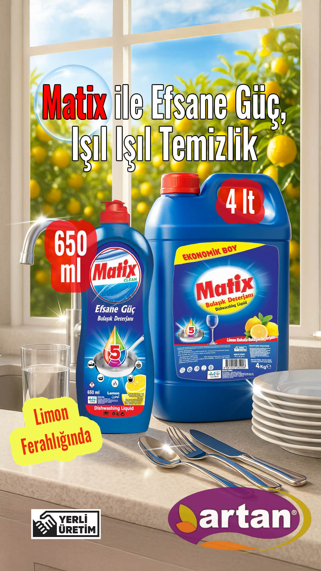 icerikyoneticis.com tarafından üretilen Matix Bulaşık Deterjanı 650 ml ve 4 lt 1080×1920 sosyal medya postu — limon ferahlığında
