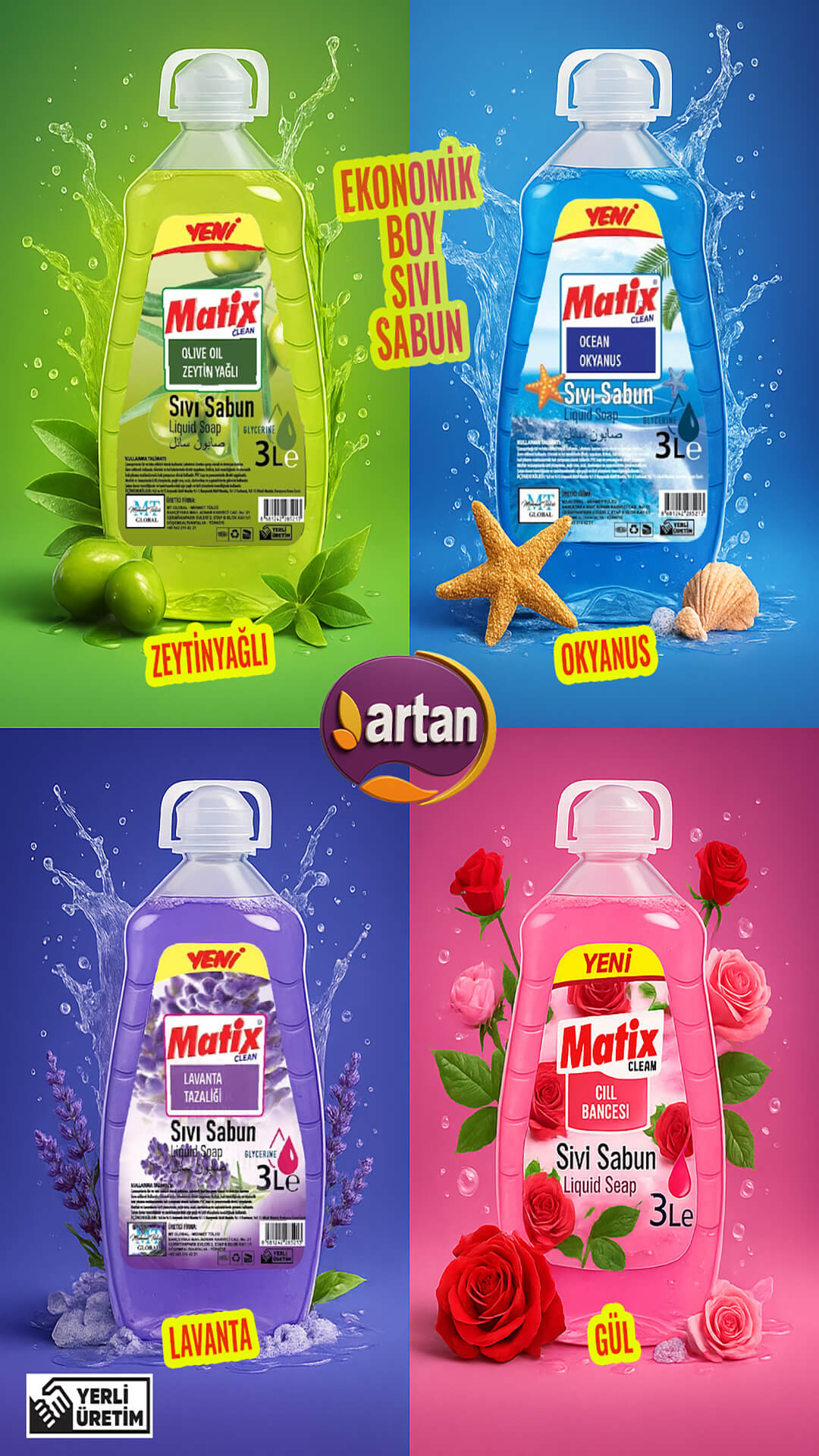 icerikyoneticis.com tarafından üretilen Matix 3 L Sıvı Sabun 4’lü seri (Zeytinyağlı, Okyanus, Lavanta, Gül) 1080×1920 sosyal medya postu