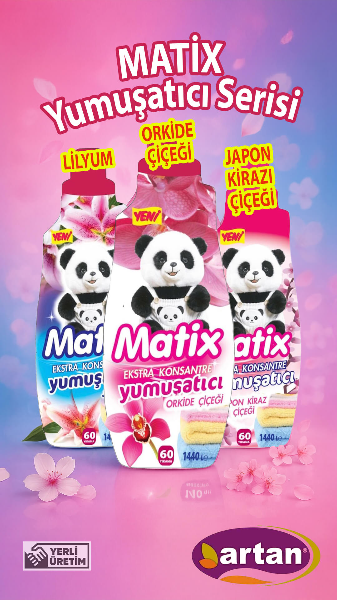 icerikyoneticis.com tarafından üretilen Matix Yumuşatıcı Serisi 1080×1920 sosyal medya postu — lilyum, orkide çiçeği ve japon kirazı çiçeği