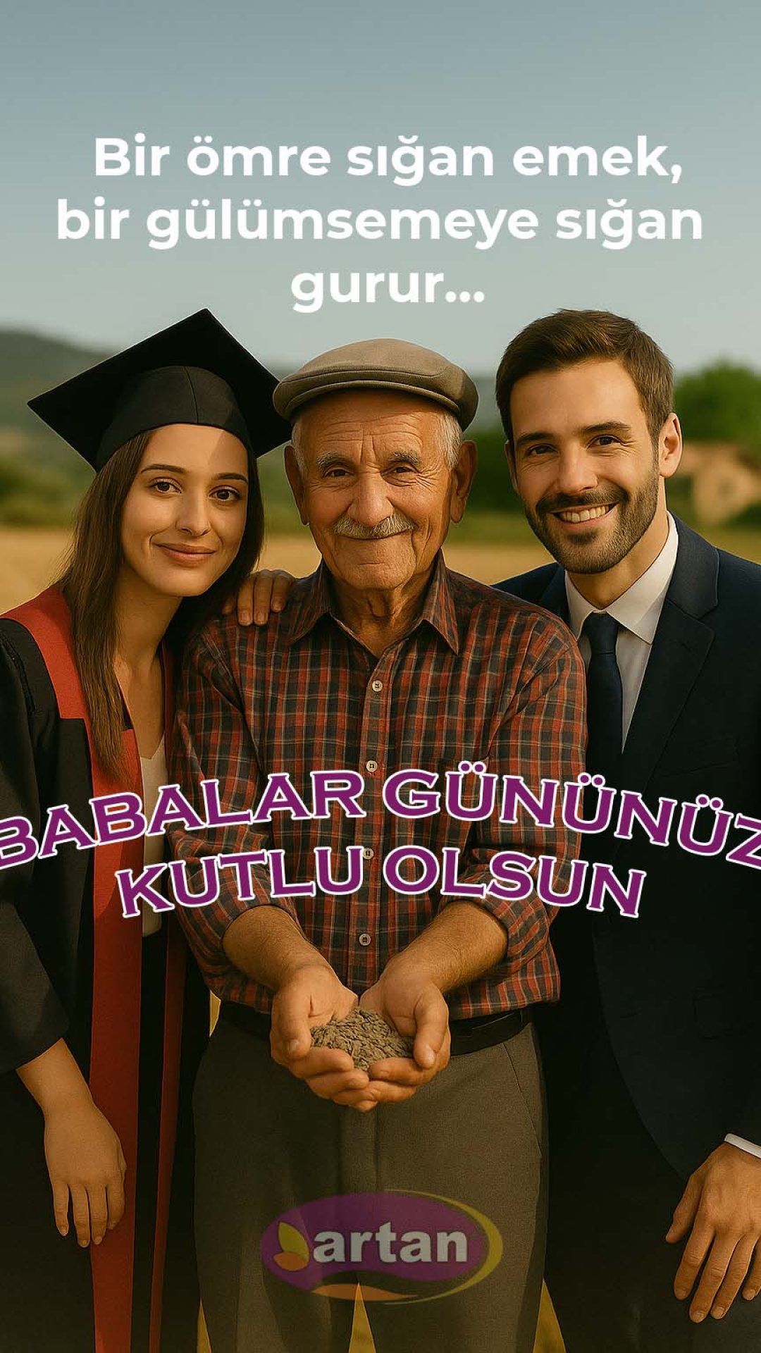 İçerik Yöneticisi tarafından hazırlanan duygusal Babalar Günü sosyal medya post tasarımı. Mezuniyet cübbeli kızı, yaşlı baba figürü ve takım elbiseli oğlu ile gurur temalı konsept.