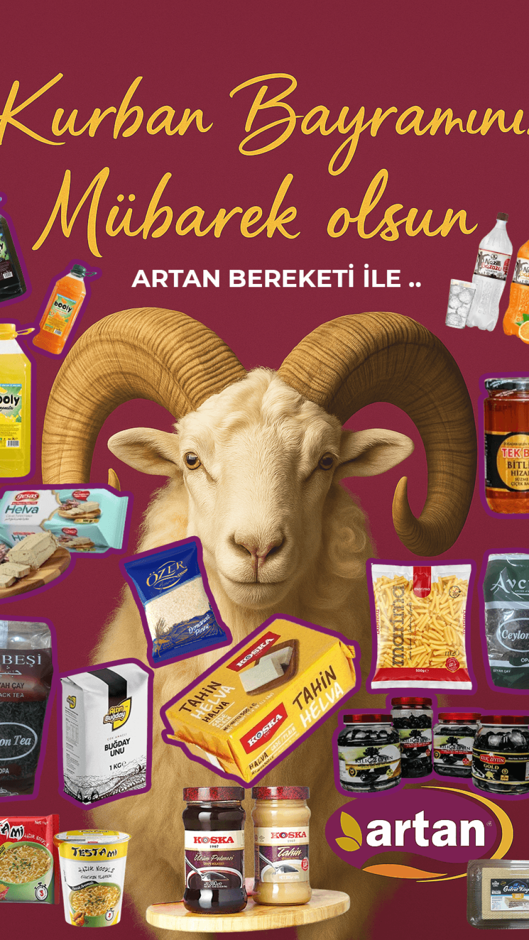 İçerik Yöneticisi tarafından tasarlanan Kurban Bayramı sosyal medya postu. Koç figürü, gıda ürünleri kolajı ve bereket temalı mesaj içeren kurumsal tasarım.